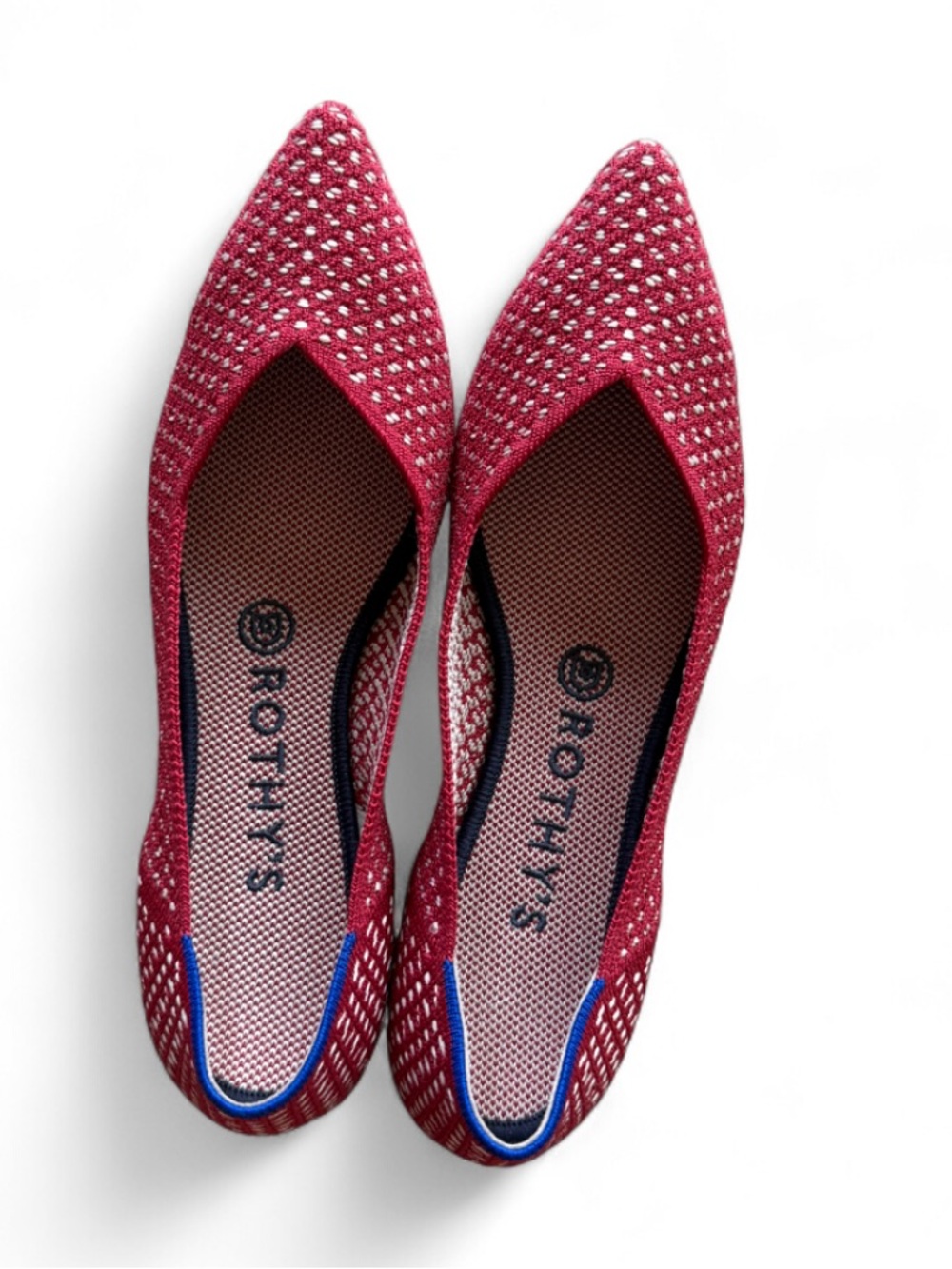 Rothy's Pointed Knit Flats in Berry Red with Blue Trim